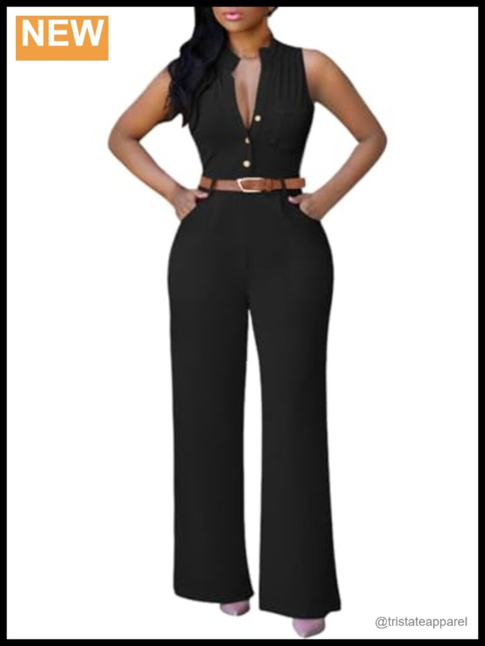 Womens V-Neck Sleeveless Wide Leg Jumpsuit with Pockets & Belt